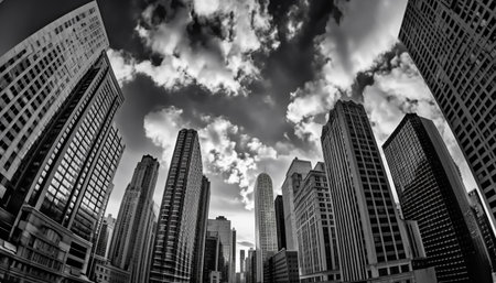 Tall skyscraper reflects modern city life in black and white monochrome generated by artificial intelligenceの素材