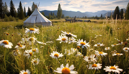 Idyllic meadow of wildflowers, chamomile and daisies under blue sky generated by artificial intelligenceの素材