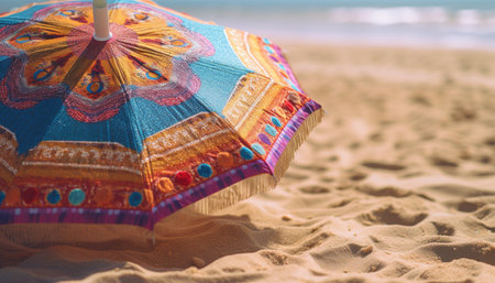 Tropical climate, turquoise water, and yellow sunshade on Cancun beach generated by artificial intelligenceの素材