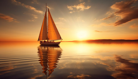 Sailboat silhouette back lit by sunset, nautical vessel on tranquil seascape generated by artificial intelligenceの素材