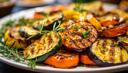 Grilled vegetable plate, gourmet meal, healthy eating, cooked close up generated by artificial intelligenceの素材
