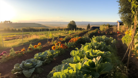 Fresh organic meadow growth, yellow flower head in sunset landscape generated by artificial intelligenceの素材