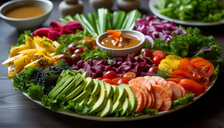 Fresh gourmet salad plate with grilled meat and multi colored vegetables generated by artificial intelligenceの素材