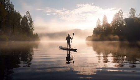 Men and women paddling canoes at sunset, enjoying leisure activity generated by artificial intelligenceの素材