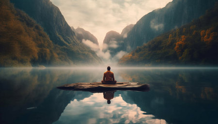 One person meditating in tranquil mountain landscape, practicing relaxation exercise generated by artificial intelligenceの素材