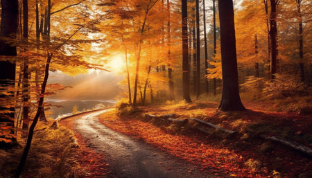 Vibrant autumn forest, tranquil footpath, colorful leaves, wilderness adventure awaits generated by artificial intelligenceの素材