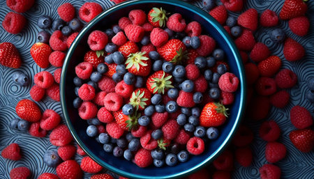 Organic berry bowl: a colorful, juicy, antioxidant rich summer snack generated by artificial intelligenceの素材