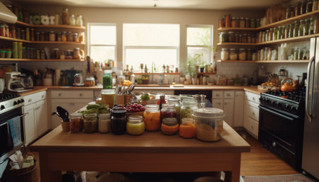Fresh organic ingredients on modern kitchen counter for healthy cooking generated by artificial intelligenceの素材