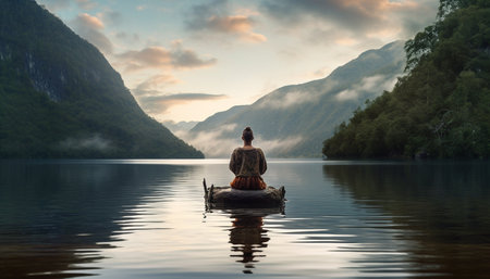 One person meditating in tranquil mountain landscape, enjoying solitude generated by artificial intelligenceの素材