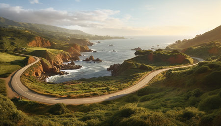 Idyllic sunset over Asturias coastline, a nature adventure journey generated by artificial intelligenceの素材