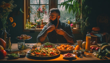 A group of adults enjoying a healthy meal in a cozy kitchen generated by artificial intelligenceの素材
