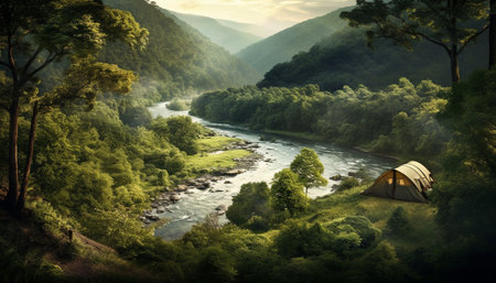Summer camping adventure in tranquil mountain meadow with stunning landscape generated by artificial intelligenceの素材