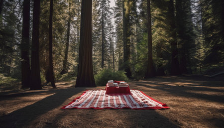 Nature beauty in tranquil forest, perfect for outdoor picnics generated by artificial intelligenceの素材