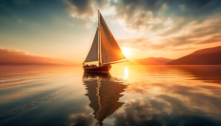Sailboat sailing on tranquil seascape at sunset, a nautical adventure generated by artificial intelligenceの素材