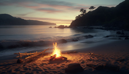 Sunset over the coastline, a tranquil scene of natural beauty generated by artificial intelligenceの素材