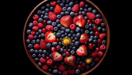 Fresh berry bowl: blueberry, strawberry, raspberry healthy summer snack generated by artificial intelligenceの素材