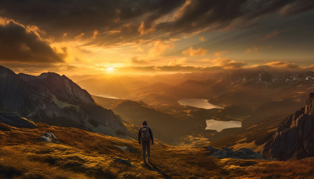 One person hiking mountain peak at sunset, backpack and silhouette generated by artificial intelligenceの素材