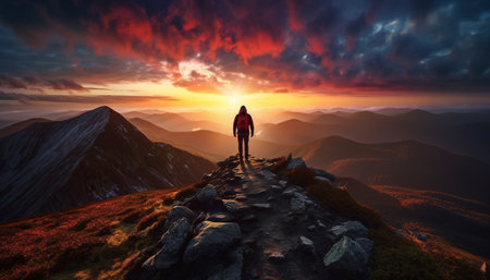 One person standing on top of majestic mountain peak at sunset generated by artificial intelligenceの素材