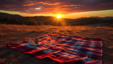 Sunset picnic on mountain meadow, tablecloth striped with plaid pattern generated by artificial intelligenceの素材