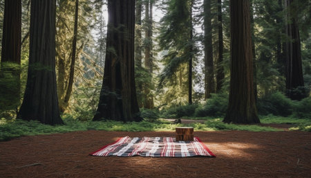 Tranquil forest picnic: green leaves, fresh food, relaxation in nature generated by artificial intelligenceの素材