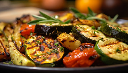 Grilled vegetable plate, healthy gourmet meal, cooked outdoors on coal generated by artificial intelligenceの素材