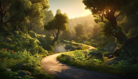 Tranquil forest meadow, sunlight through fog, autumn leaves on water generated by artificial intelligenceの素材