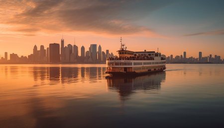 The illuminated urban skyline reflects on the waterfront at dusk generated by artificial intelligenceの素材