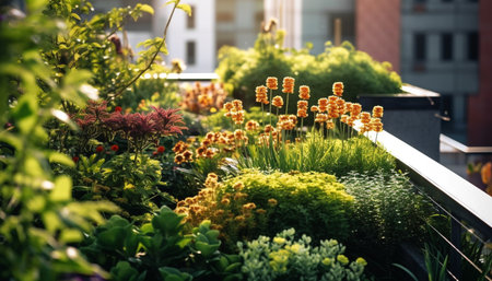 Fresh green foliage blossoms in formal garden architecture, nature beauty generated by artificial intelligenceの素材