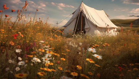 Tranquil meadow camping, wildflowers bloom in idyllic rural landscape generated by artificial intelligenceの素材