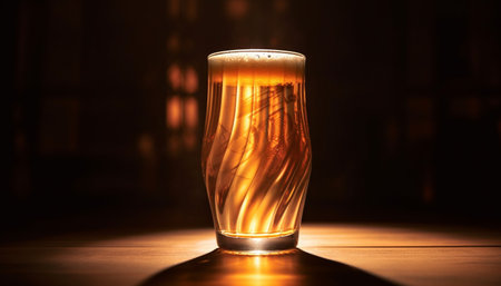 Frothy beer in pint glass on wooden bar counter at pub generated by artificial intelligenceの素材