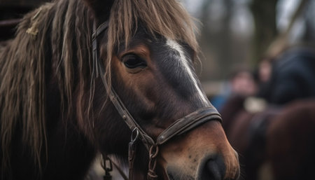 Thoroughbred stallion grazing in meadow, close up portrait of beauty generated by artificial intelligenceの素材