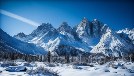 Tranquil scene of majestic mountain range in winter landscape wallpaper generated by artificial intelligenceの素材