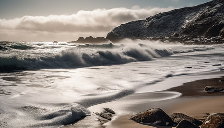 Tranquil seascape waves breaking on rocky coastline at dusk generated by artificial intelligenceの素材