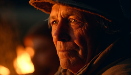 Lonely senior man looking at camera with sadness and wrinkles generated by artificial intelligenceの素材