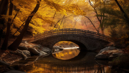 Tranquil scene of autumn forest with man made footbridge over pond generated by artificial intelligenceの素材