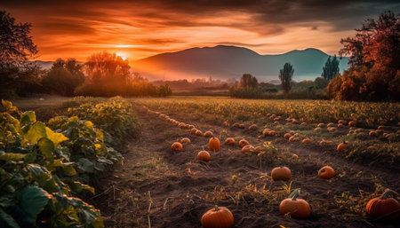 Autumn sunset over rural farm, orange pumpkin amidst yellow leaves generated by artificial intelligenceの素材