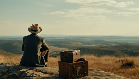 One person standing, looking at mountain landscape, enjoying solitude generated by artificial intelligenceの素材