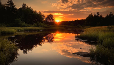 Vibrant sunset reflection on tranquil pond, nature beauty generated by artificial intelligenceの素材