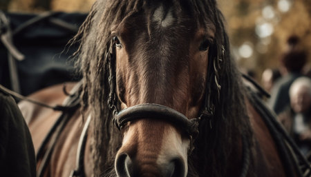 Beautiful bay stallion portrait, focus on mane and animal eye generated by artificial intelligenceの素材