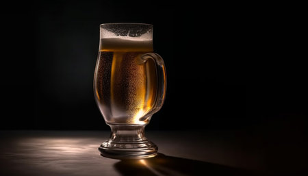 Foamy beer in a pint glass on a dark table generated by artificial intelligenceの素材