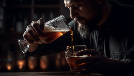 One man holding whiskey glass at dark bar counter generated by artificial intelligenceの素材