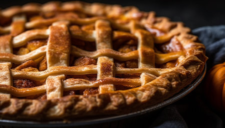 Freshly baked rustic apple tart on wooden plate, ready to eat indulgence generated by artificial intelligenceの素材