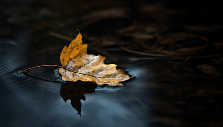 Vibrant autumn maple tree reflects in tranquil pond, defocused background generated by artificial intelligenceの素材