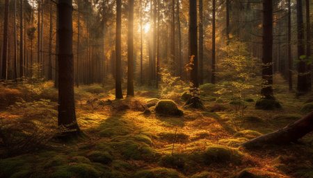 Tranquil forest footpath in autumn, vibrant colors and mystery abound generated by artificial intelligenceの素材