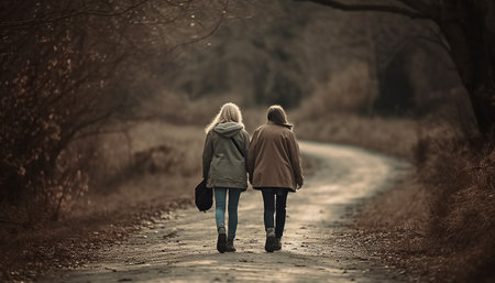 Caucasian couple walking in nature, embracing love and togetherness generated by artificial intelligenceの素材
