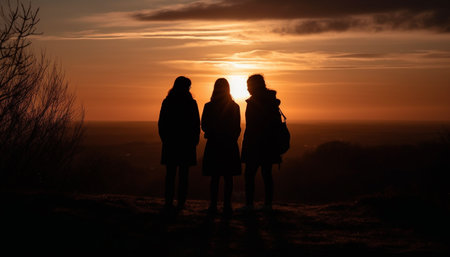 Silhouette of family embracing in back lit sunset outdoors generated by artificial intelligenceの素材