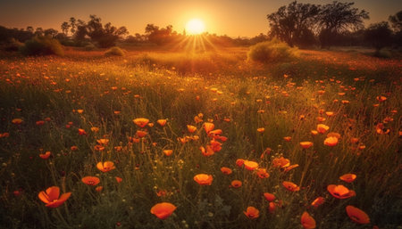 Vibrant wildflowers bloom in tranquil meadow at sunset over horizon generated by artificial intelligenceの素材