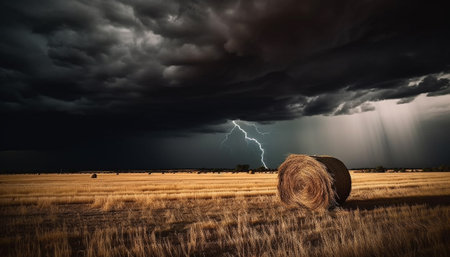 Harvesting wheat in rural landscape under dramatic sky at dusk generated by artificial intelligenceの素材
