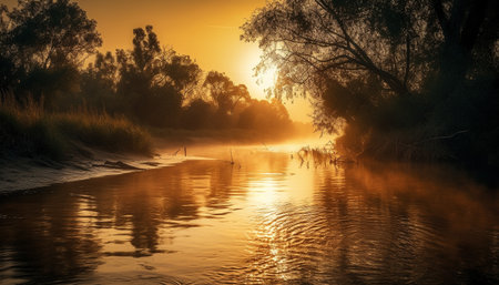 Tranquil scene of nature beauty at dusk, reflecting sunlight generated by artificial intelligenceの素材