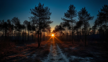 Tranquil sunset over forest, backlit pine tree silhouette, serene beauty generated by artificial intelligenceの素材